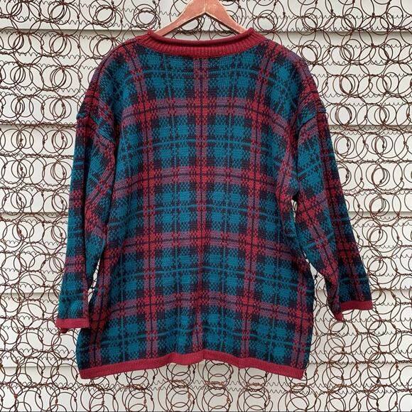 Vintage 90s Stefano green and red plaid oversize sweater LG - Picture 2 of 6